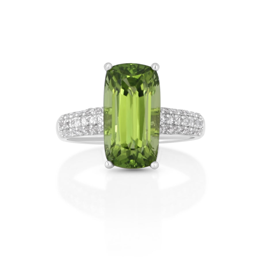 5.65 Cts Peridot and White Diamond Ring in 14K White Gold