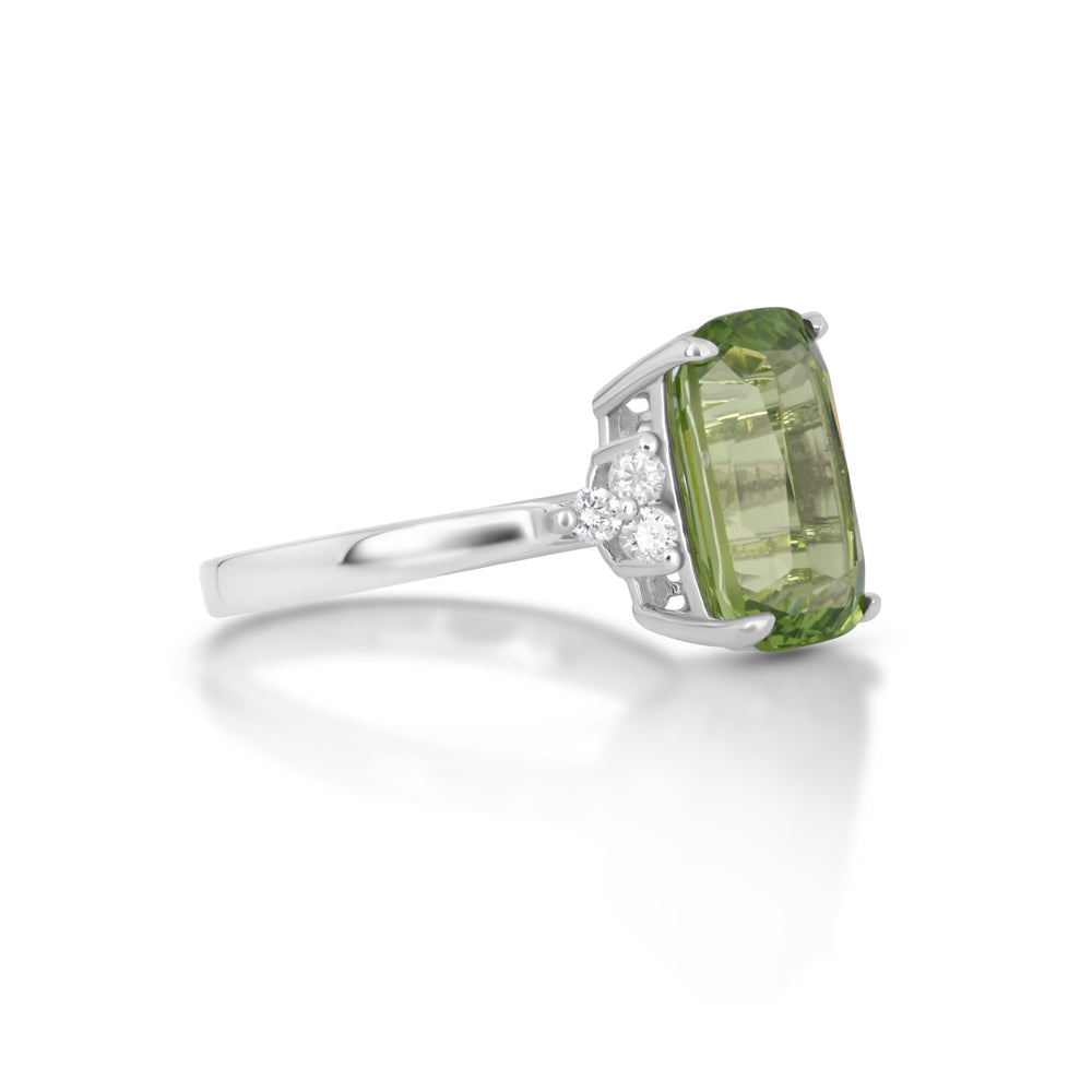 4.88 Cts Peridot and White Diamond Ring in 14K White Gold