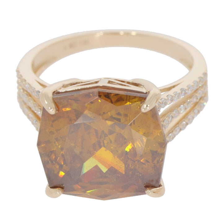 14.02 Cts Sphalerite and White Diamond Ring in 14K Yellow Gold