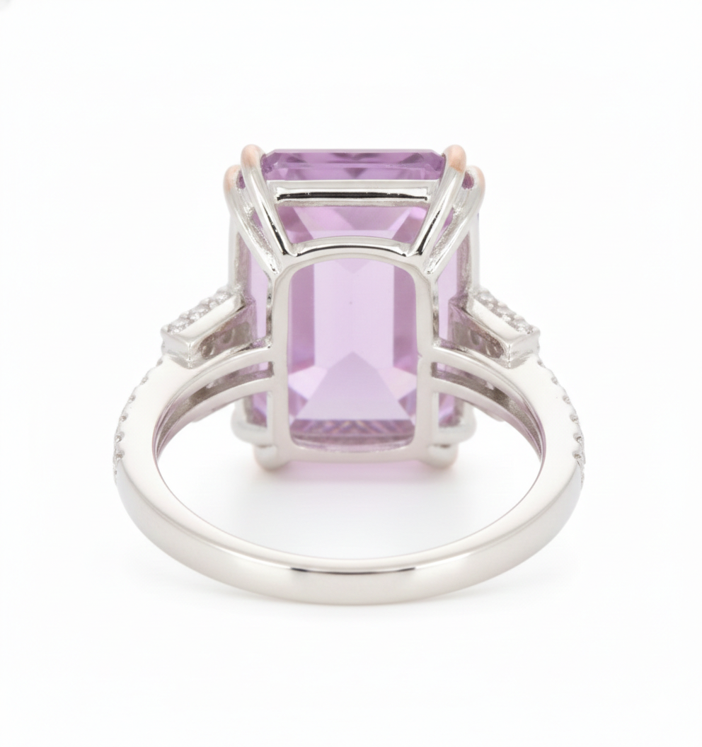 26.85 Cts Kunzite and White Diamond Ring in 14K White Gold