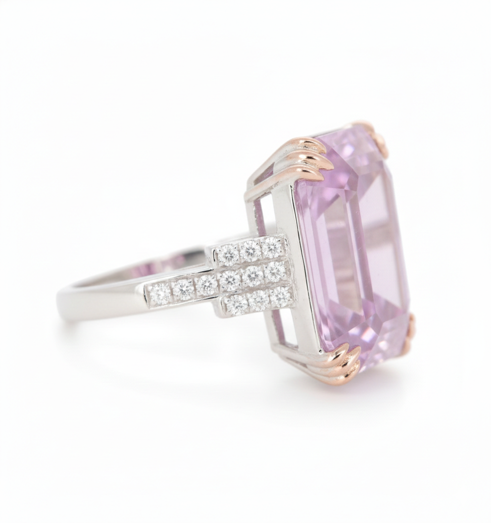 26.85 Cts Kunzite and White Diamond Ring in 14K White Gold