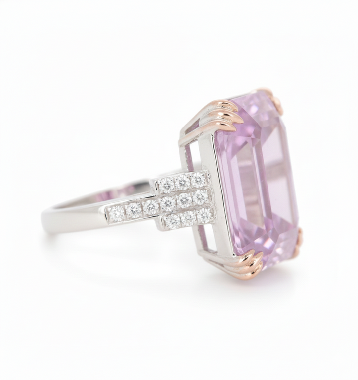 26.85 Cts Kunzite and White Diamond Ring in 14K White Gold