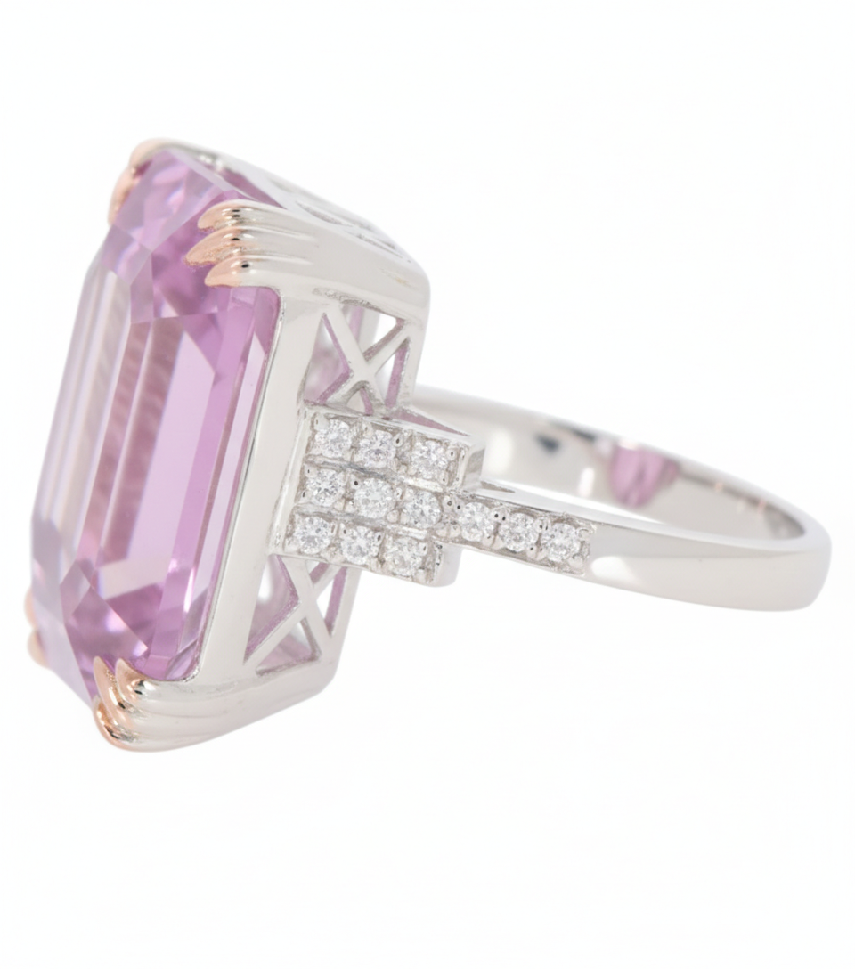26.85 Cts Kunzite and White Diamond Ring in 14K White Gold