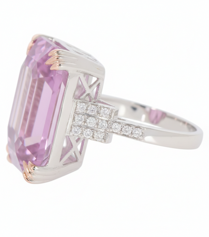 26.85 Cts Kunzite and White Diamond Ring in 14K White Gold