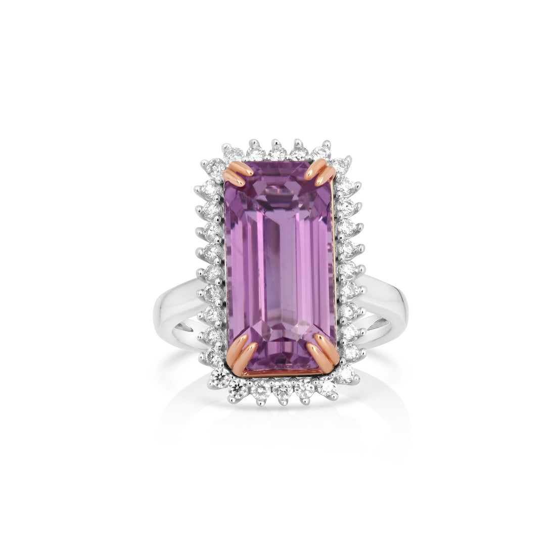 10.37 Cts Kunzite and White Diamond Ring in 14K Two Tone