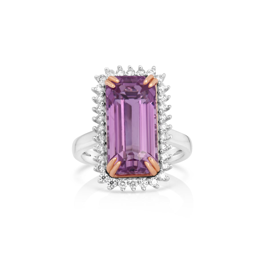 10.37 Cts Kunzite and White Diamond Ring in 14K Two Tone