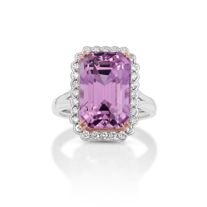 11.24 Cts Kunzite and White Diamond Ring in 14K Two Tone
