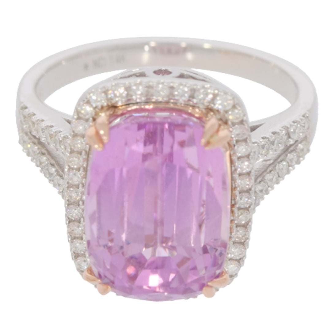 9.91 Cts Kunzite and White Diamond Ring in 14K White Gold