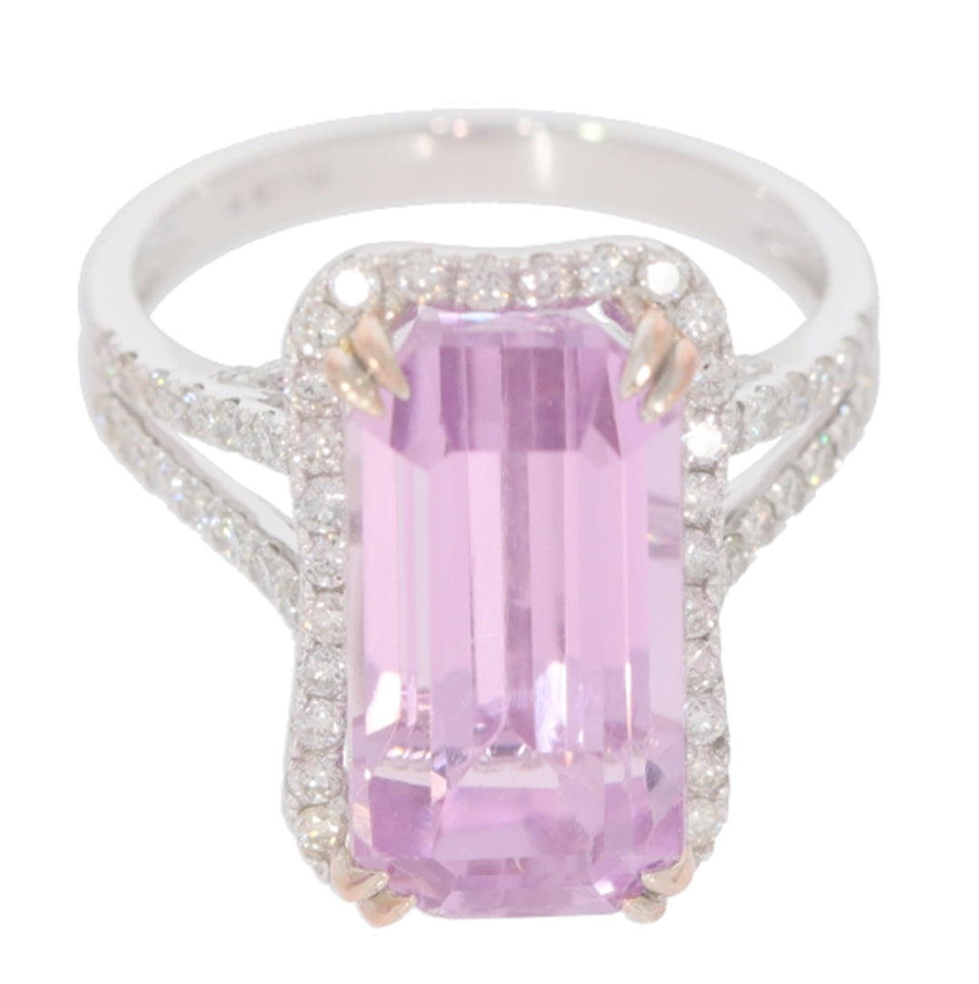 9.55 Cts Kunzite and White Diamond Ring in 14K White Gold