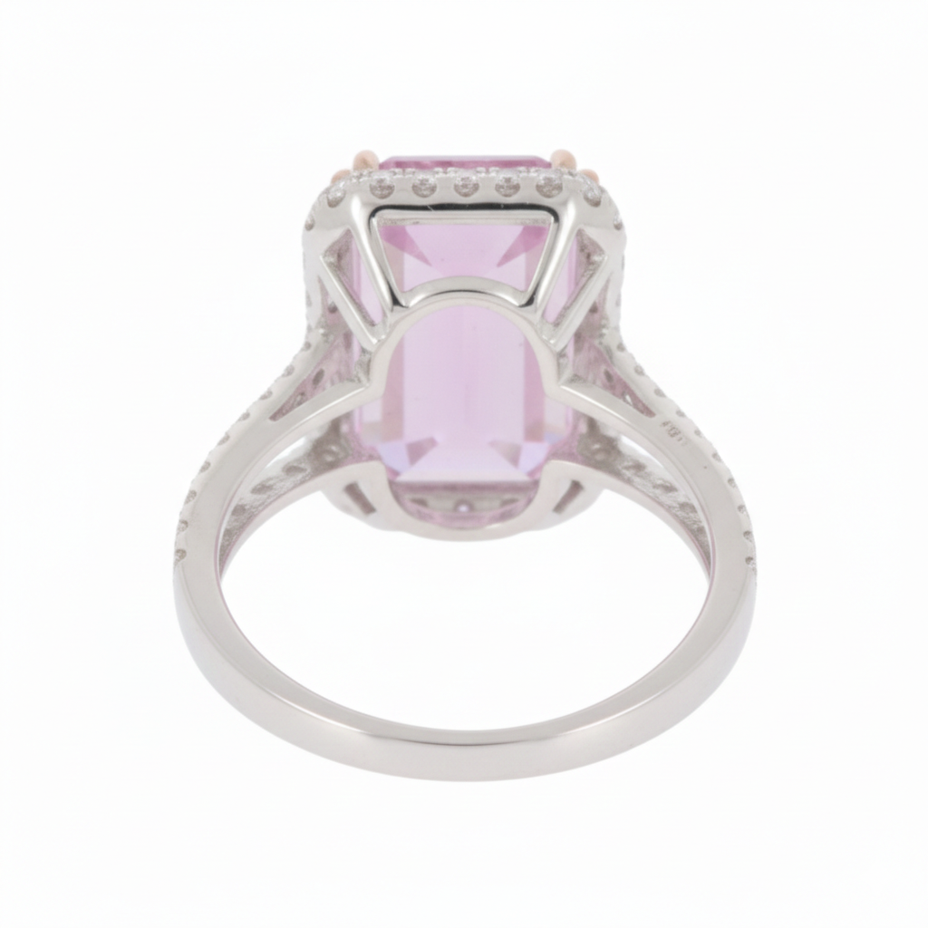 9.55 Cts Kunzite and White Diamond Ring in 14K White Gold