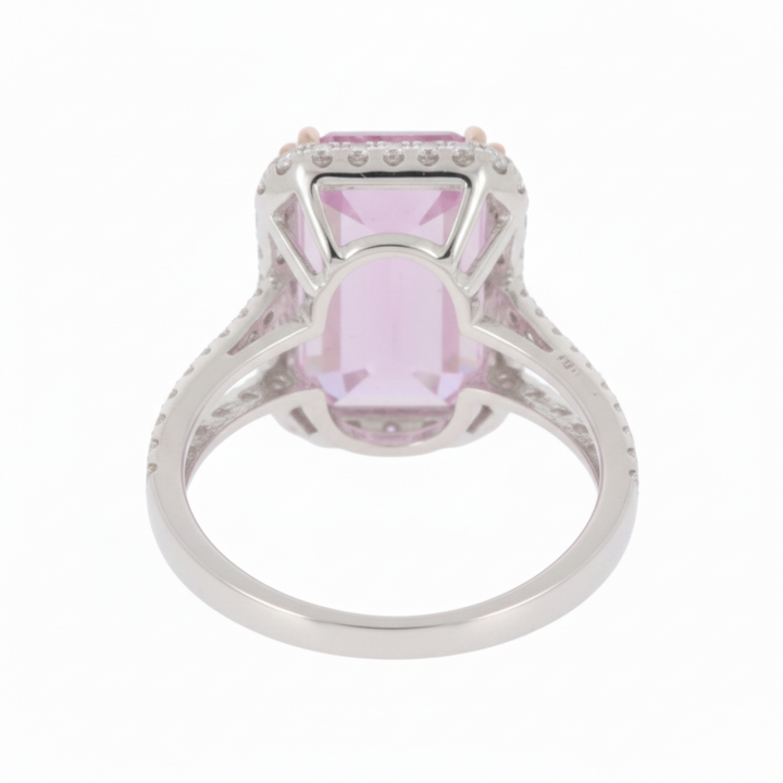 9.55 Cts Kunzite and White Diamond Ring in 14K White Gold