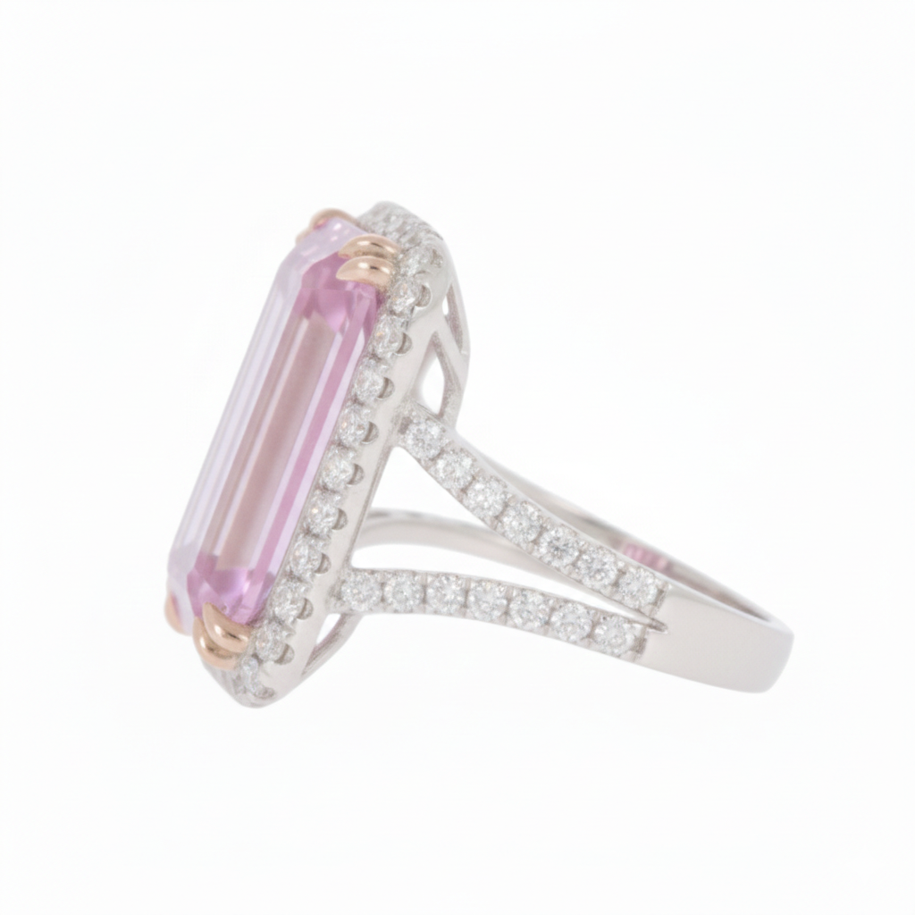 9.55 Cts Kunzite and White Diamond Ring in 14K White Gold