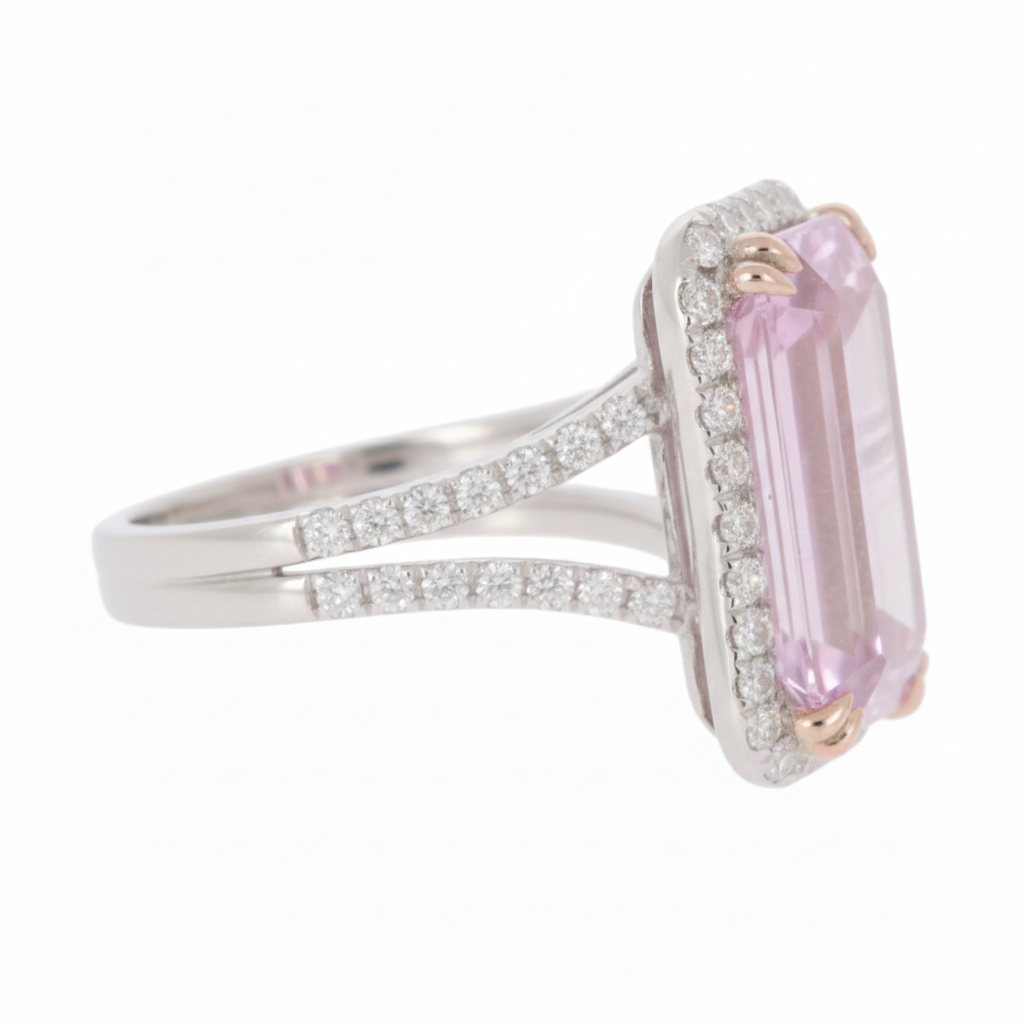 9.55 Cts Kunzite and White Diamond Ring in 14K White Gold