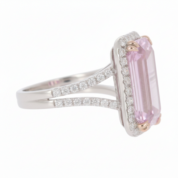 9.55 Cts Kunzite and White Diamond Ring in 14K White Gold
