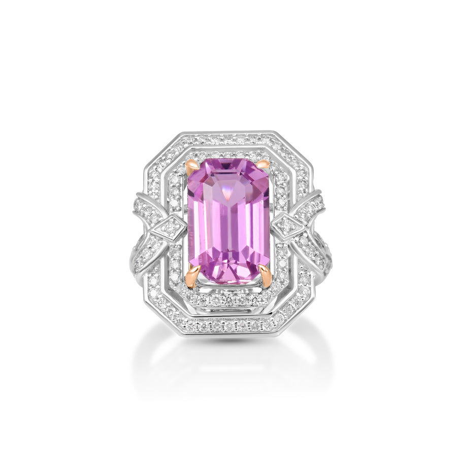 6.42 Cts Kunzite and White Diamond Ring in 14K Two Tone
