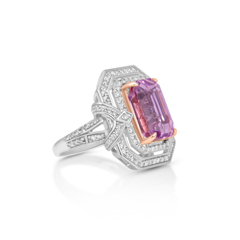 6.42 Cts Kunzite and White Diamond Ring in 14K Two Tone