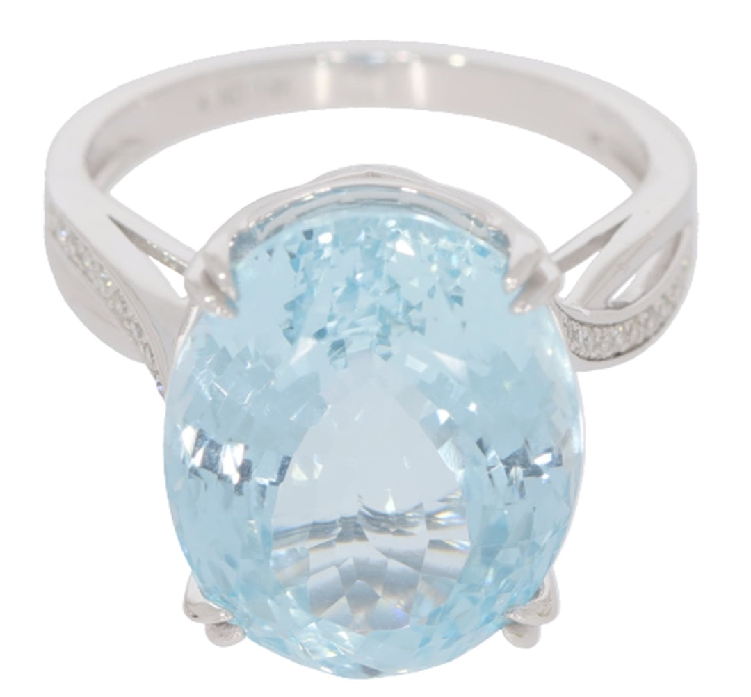 12.77 Cts Aquamarine and White Diamond Ring in 14K White Gold