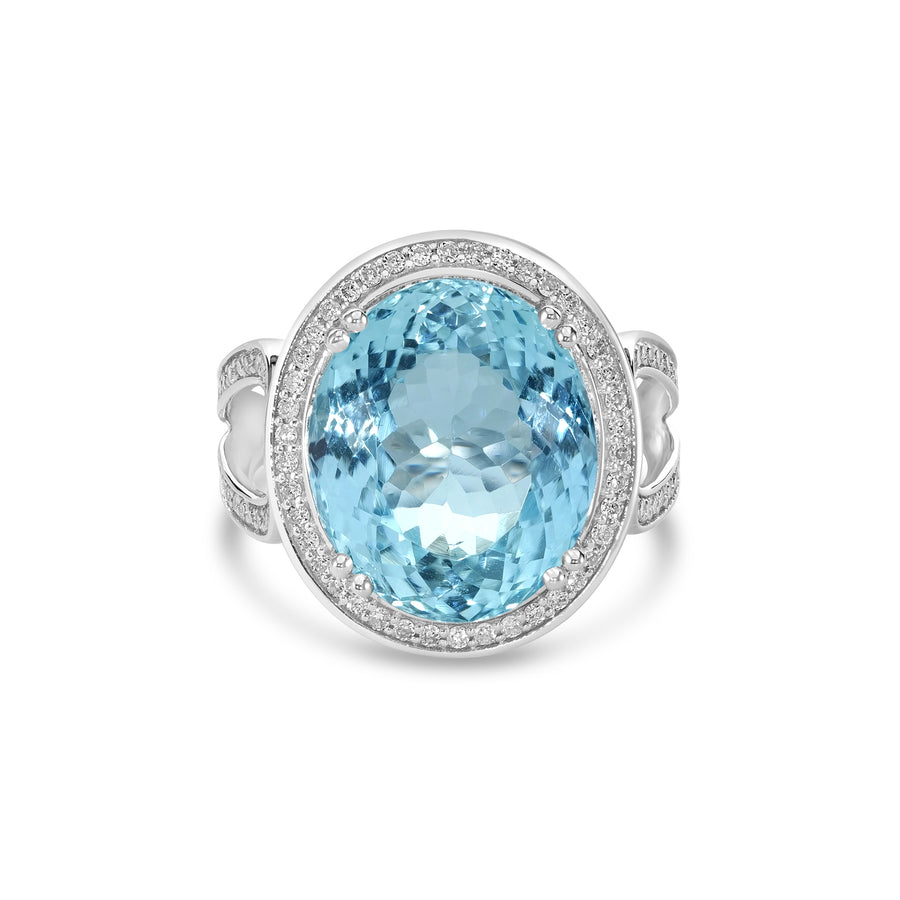 9.16 Cts Aquamarine and White Diamond Ring in 14K White Gold