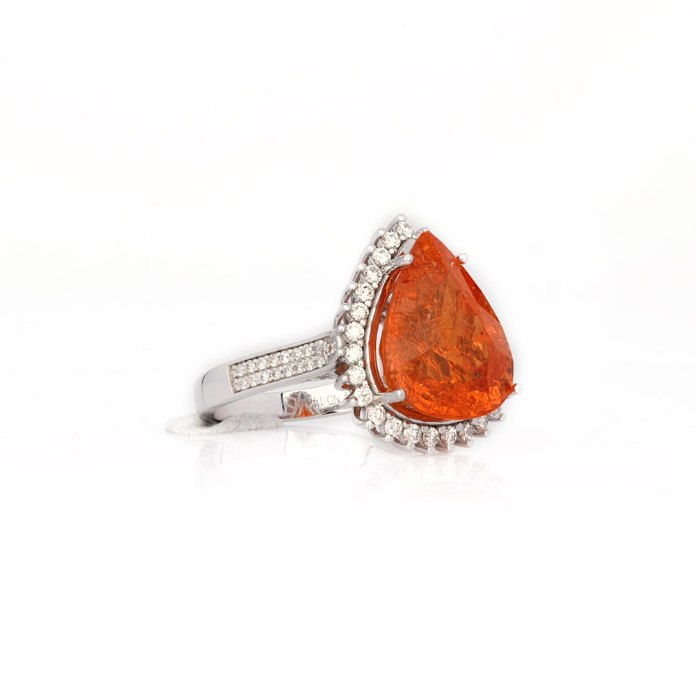 10.33 Cts Spessartite and White Diamond Ring in 14K White Gold