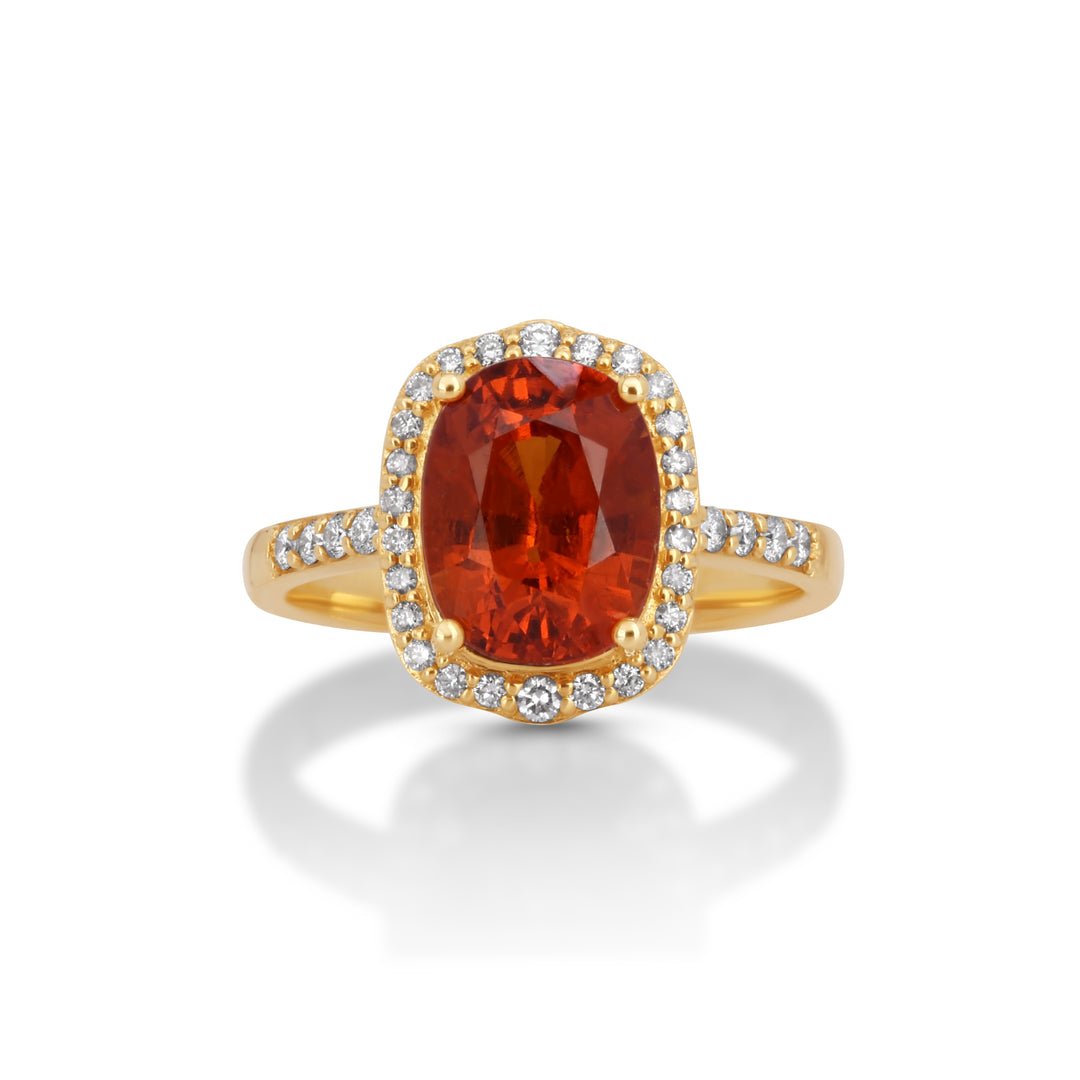 4.47 Cts Spessartite and White Diamond Ring in 14K Yellow Gold