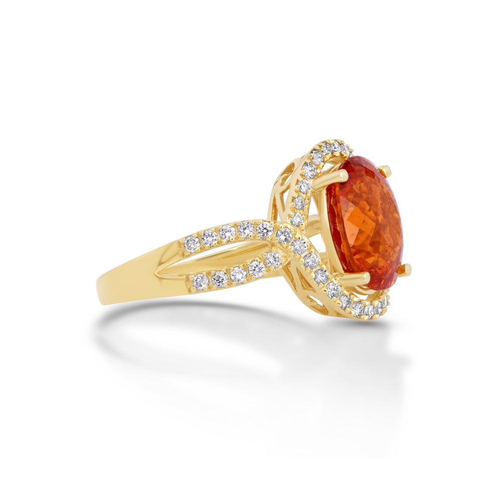 5.06 Cts Spessartite and White Diamond Ring in 14K Yellow Gold