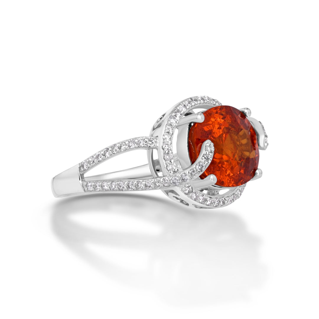 6.89 Cts Spessartite and White Diamond Ring in 14K White Gold