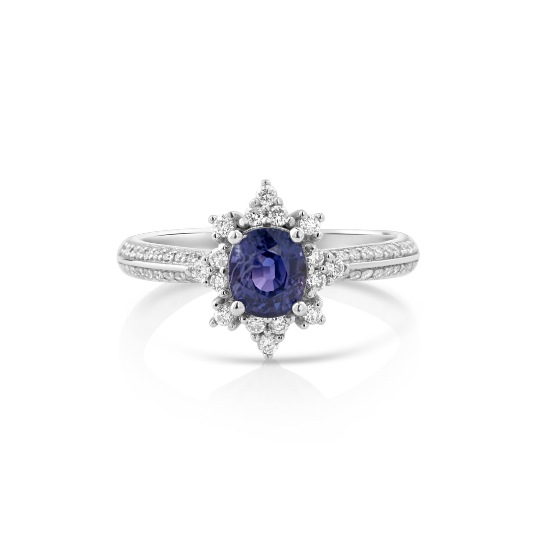 1.21 Cts Blue Sapphire and White Diamond Ring in 14K White Gold