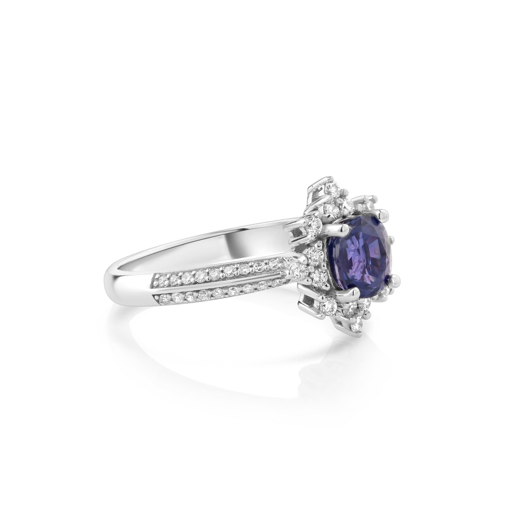 1.21 Cts Blue Sapphire and White Diamond Ring in 14K White Gold