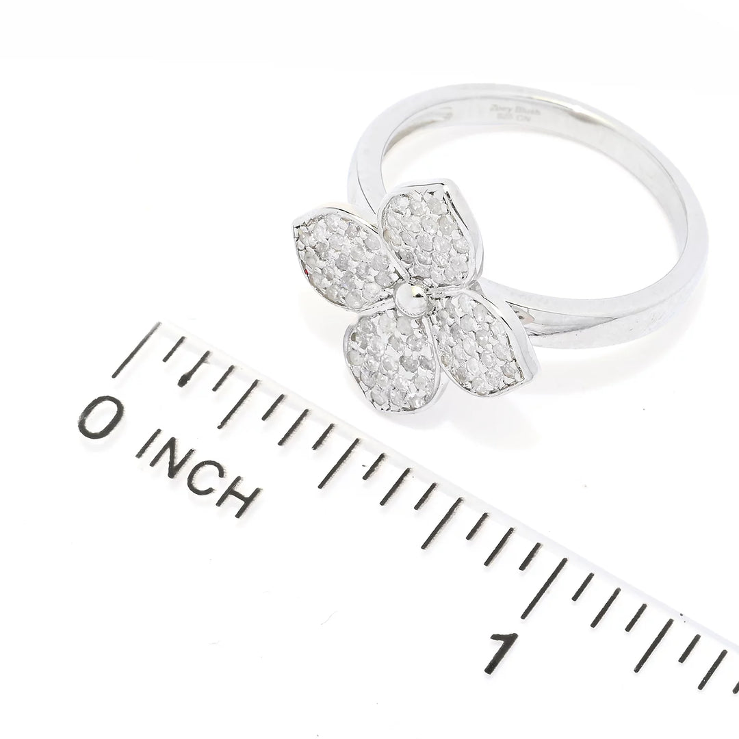 0.39 Cts White Diamond Flower Ring in Platinum Plated 925 Sterling Silver