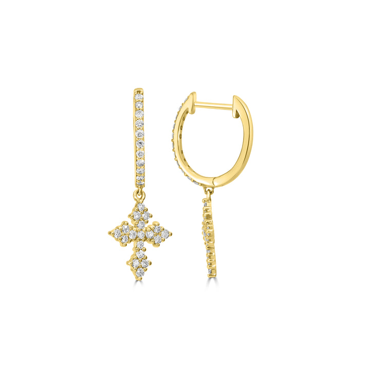 0.54 Cts White Diamond Cross Earring in 14K Yellow Gold