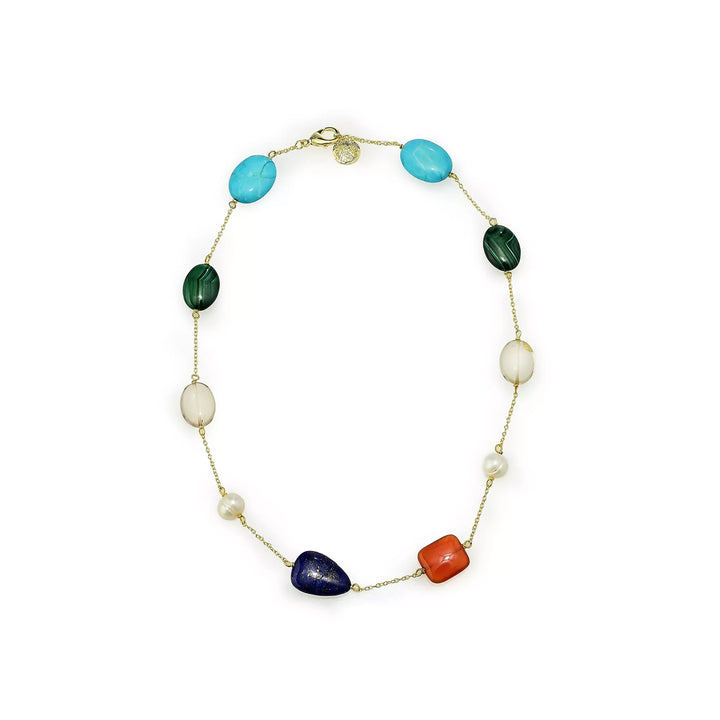 Multi Gemstone Station 18" Necklace in 18K Gold Plated Brass