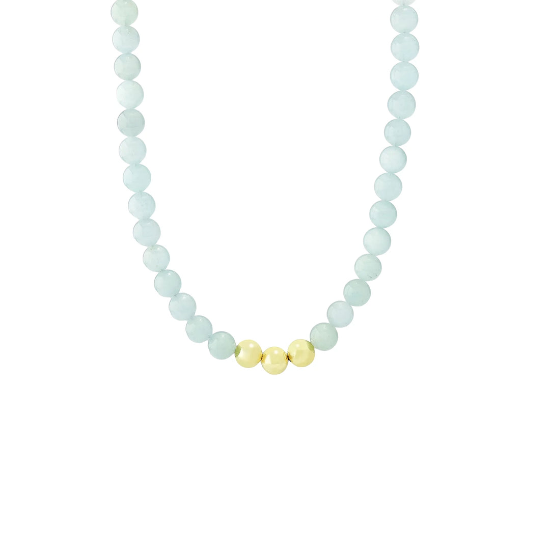 10MM Round Aquamarine Bead Necklace in 18K Gold Plated Brass