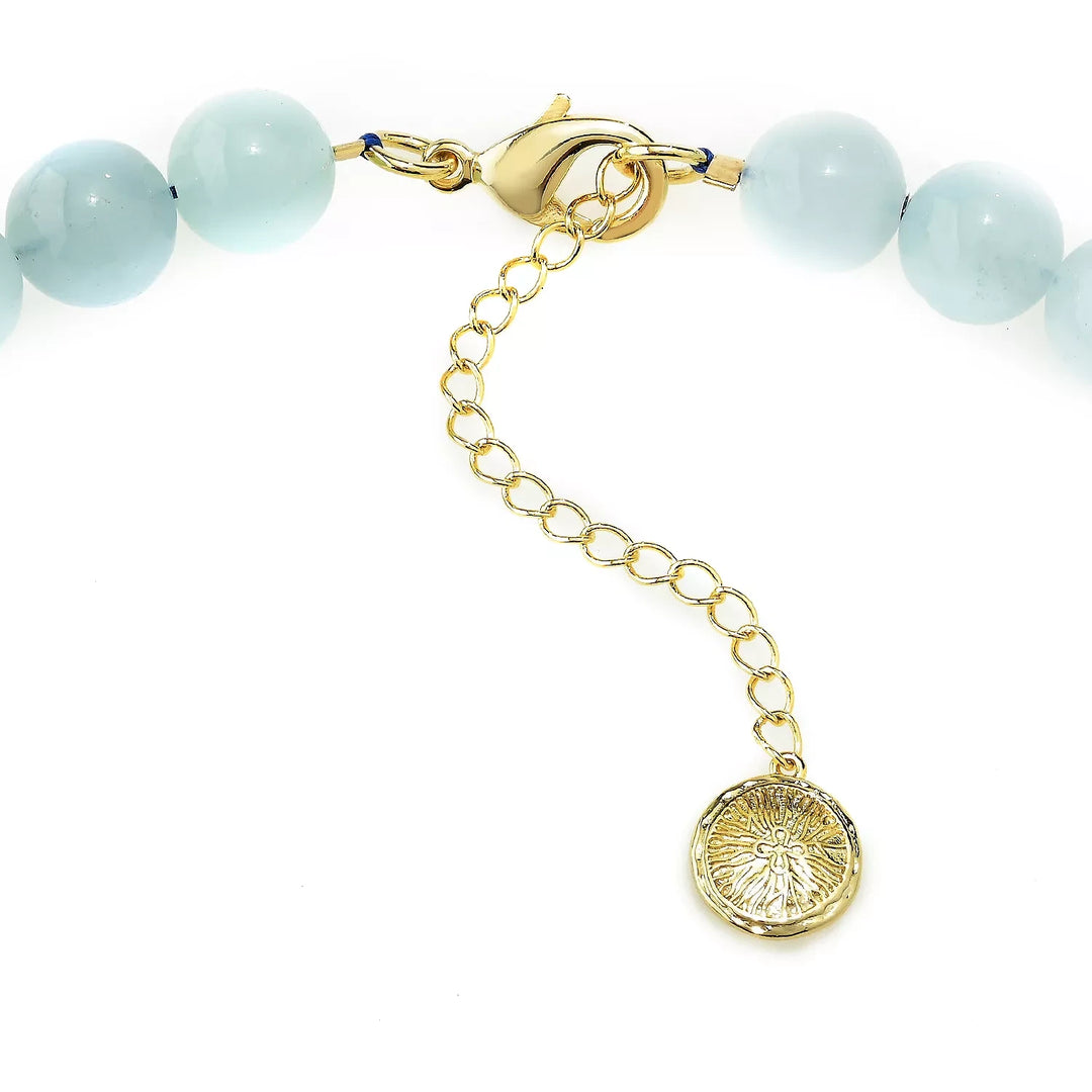 10MM Round Aquamarine Bead Necklace in 18K Gold Plated Brass