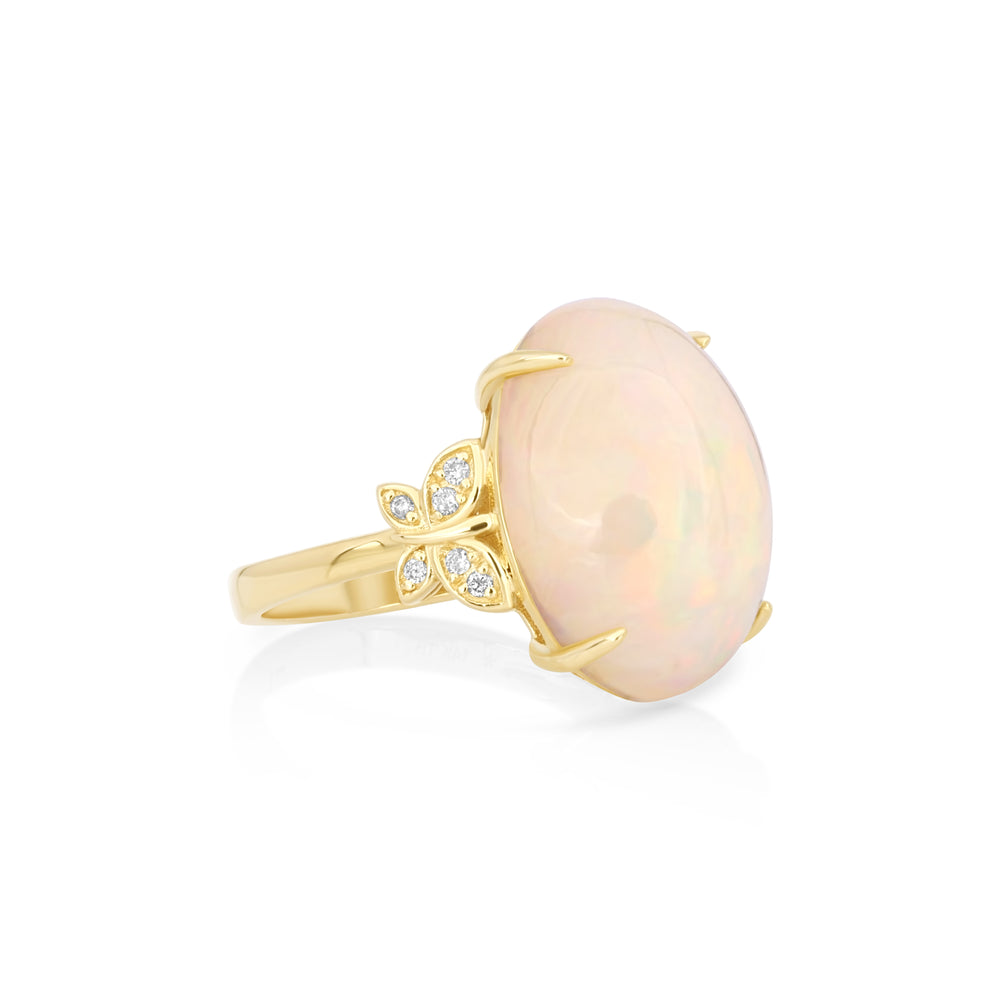 8.52 Cts Opal and White Diamond Ring in 14K Yellow Gold