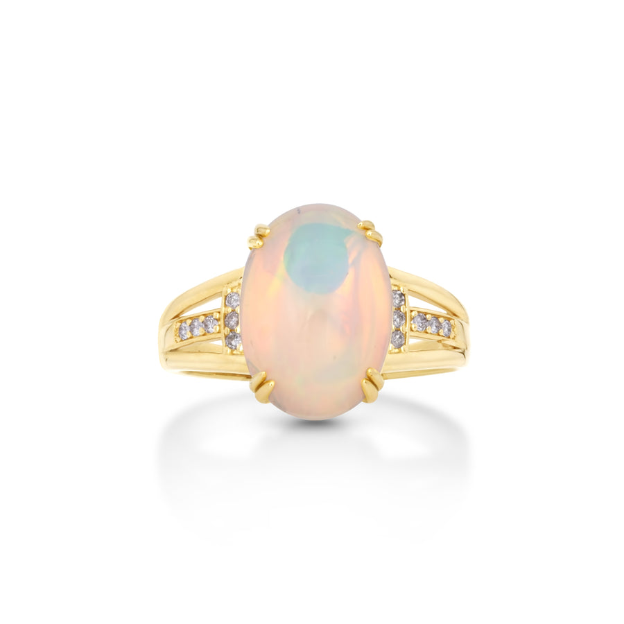 3.53 Cts Opal and White Diamond Ring in 14K Yellow Gold