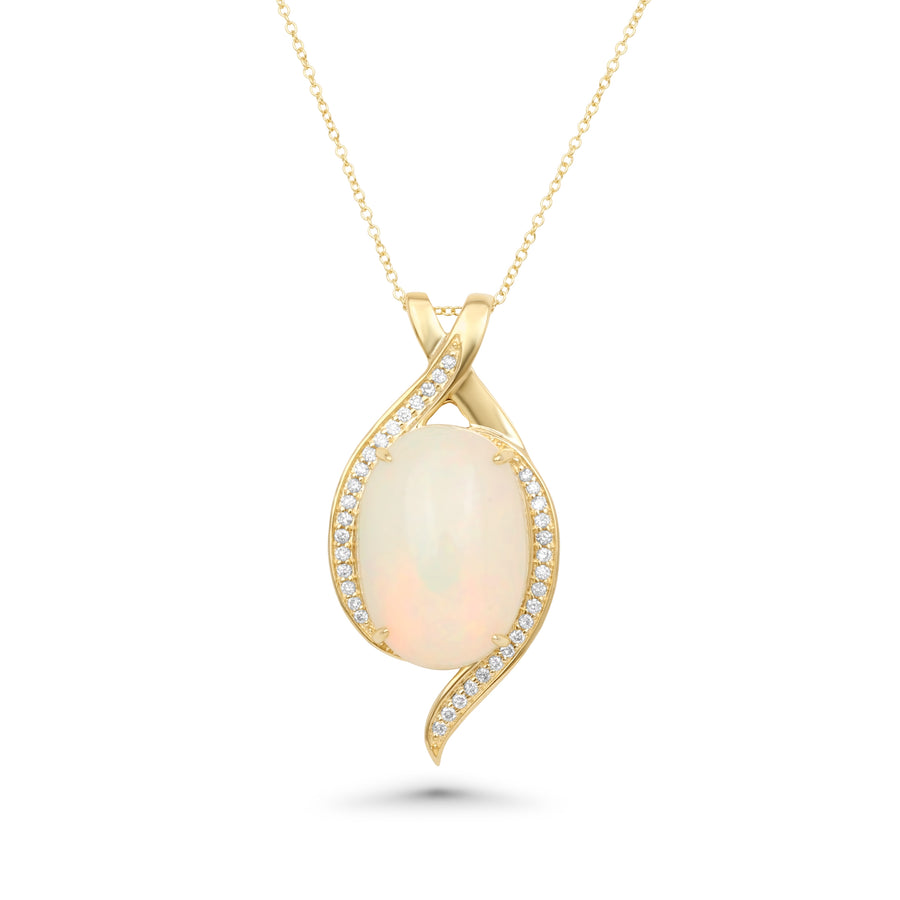 7.49 Cts White Opal and White Diamond Pendant in 14K Yellow Gold