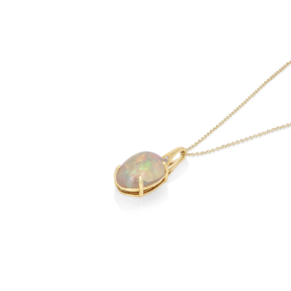 4 Cts White Opal and White Diamond Pendant in 14K Yellow Gold