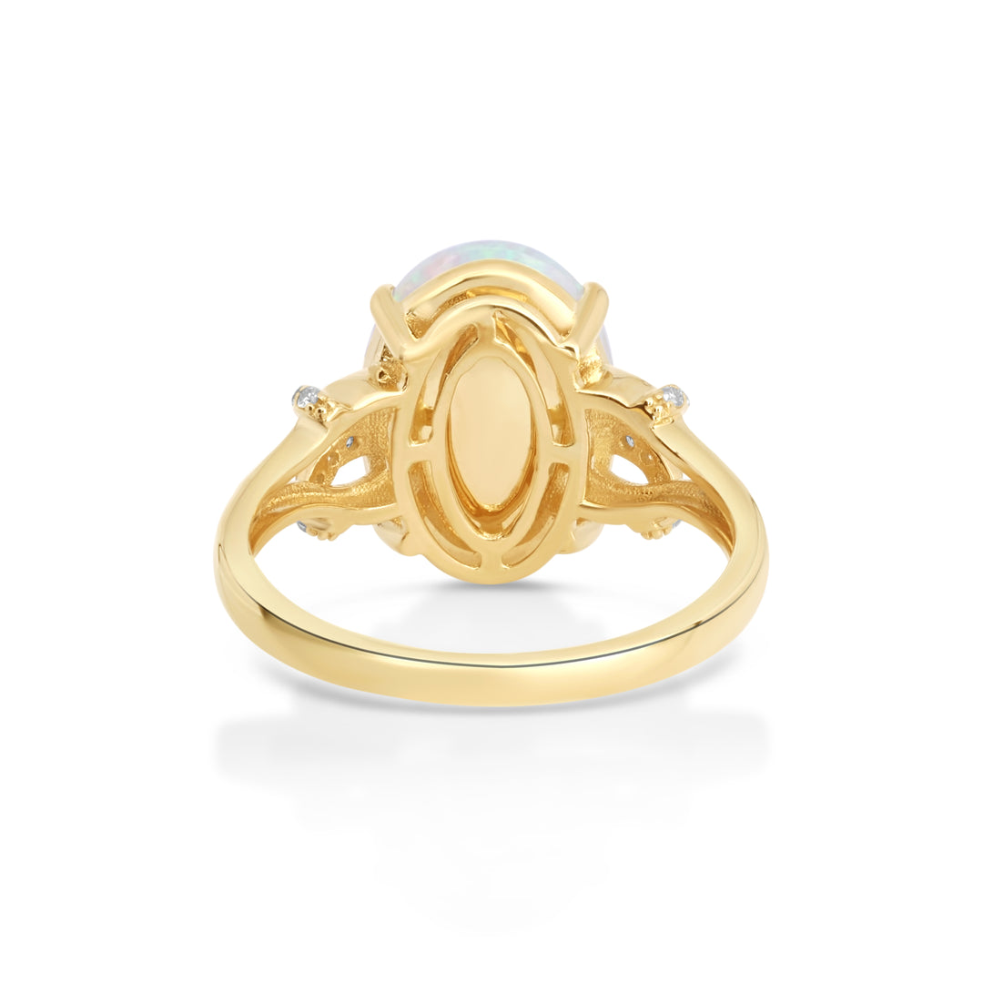 3.13 Cts Opal and White Diamond Ring in 14K Yellow Gold