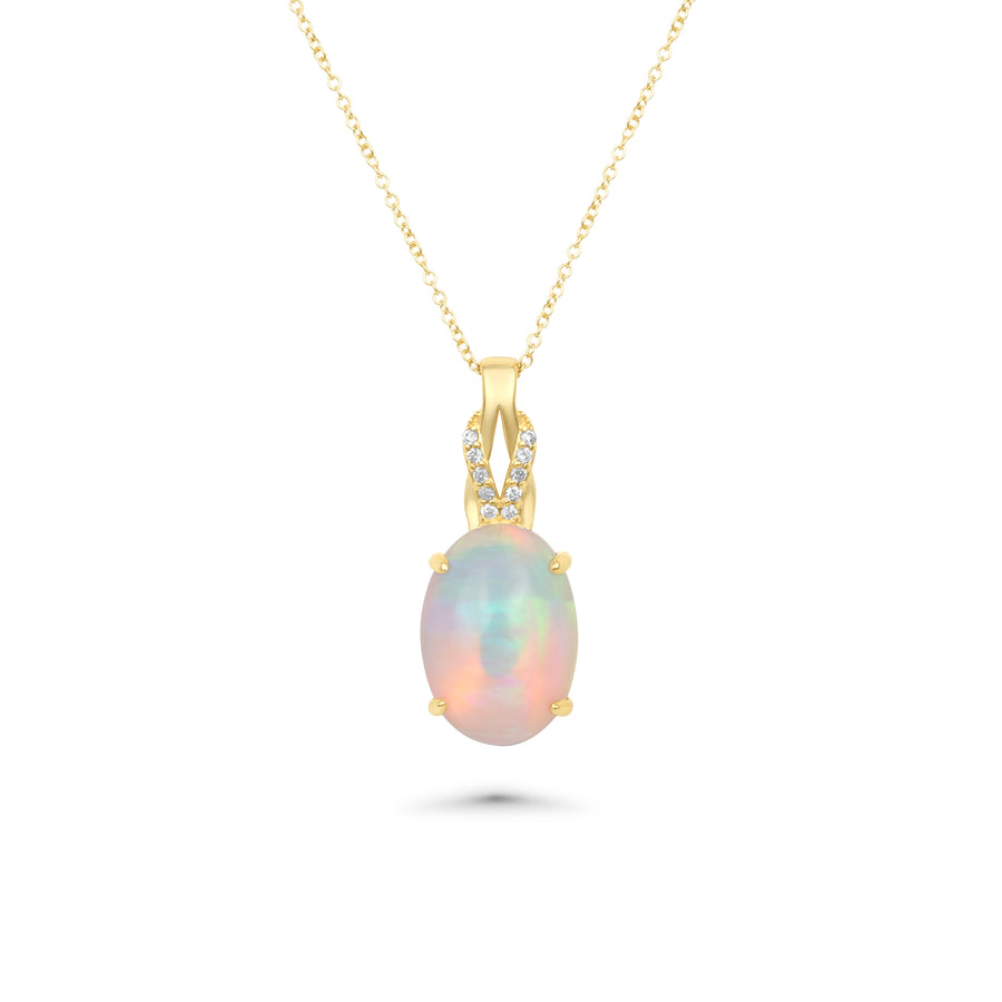 3.03 Cts White Opal and White Diamond Pendant in 14K Yellow Gold