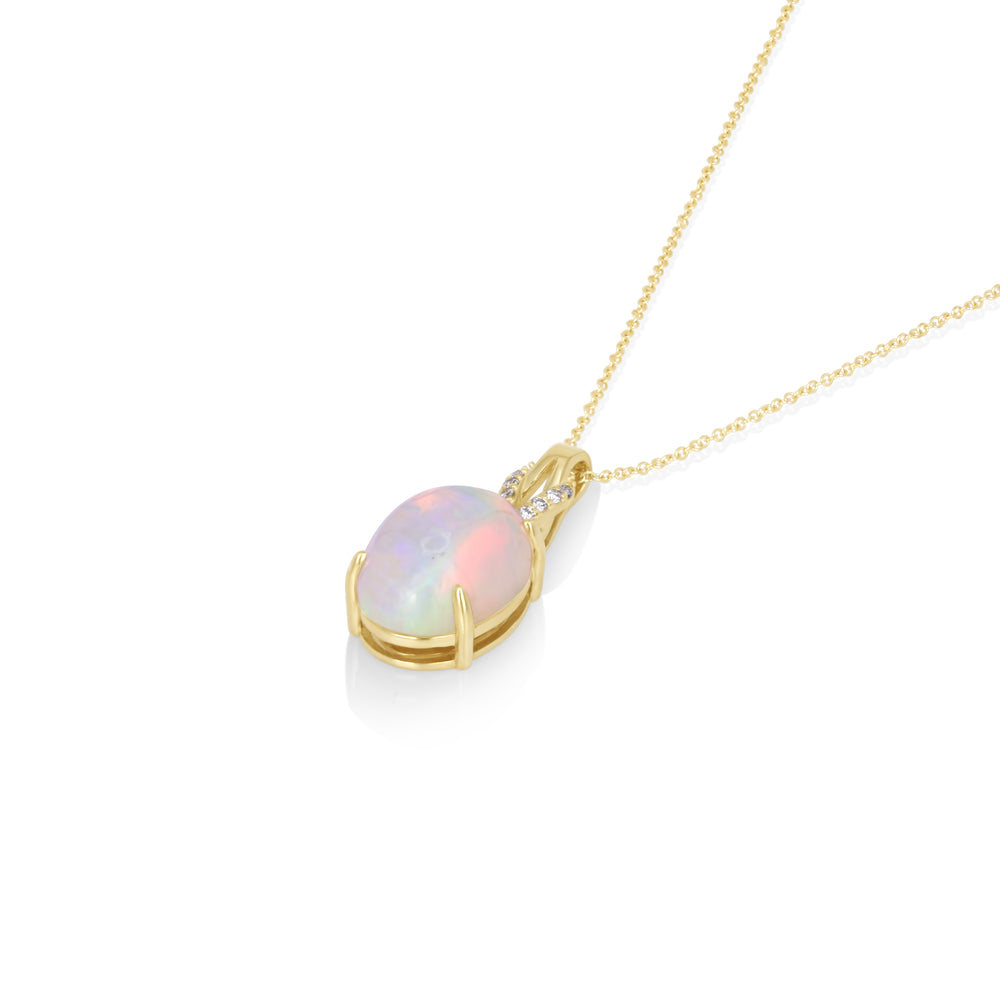 3.03 Cts White Opal and White Diamond Pendant in 14K Yellow Gold