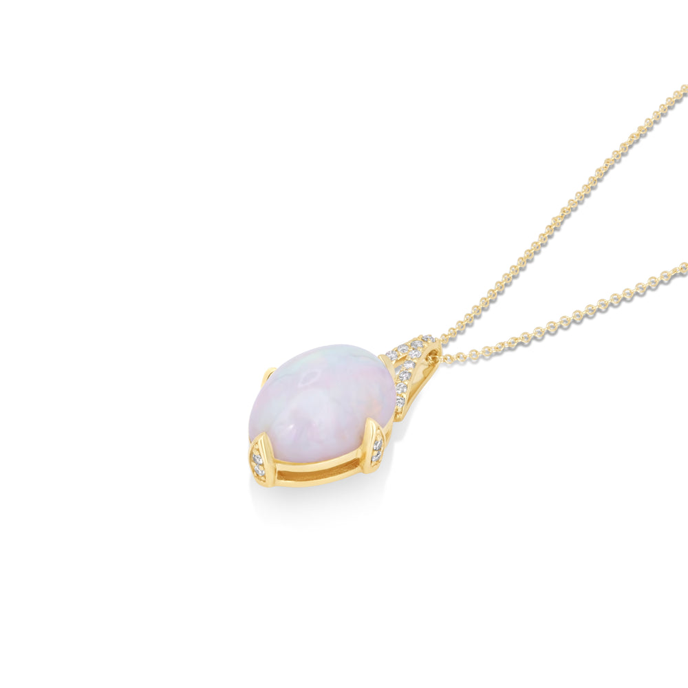 4.12 Cts White Opal and White Diamond Pendant in 14K Yellow Gold