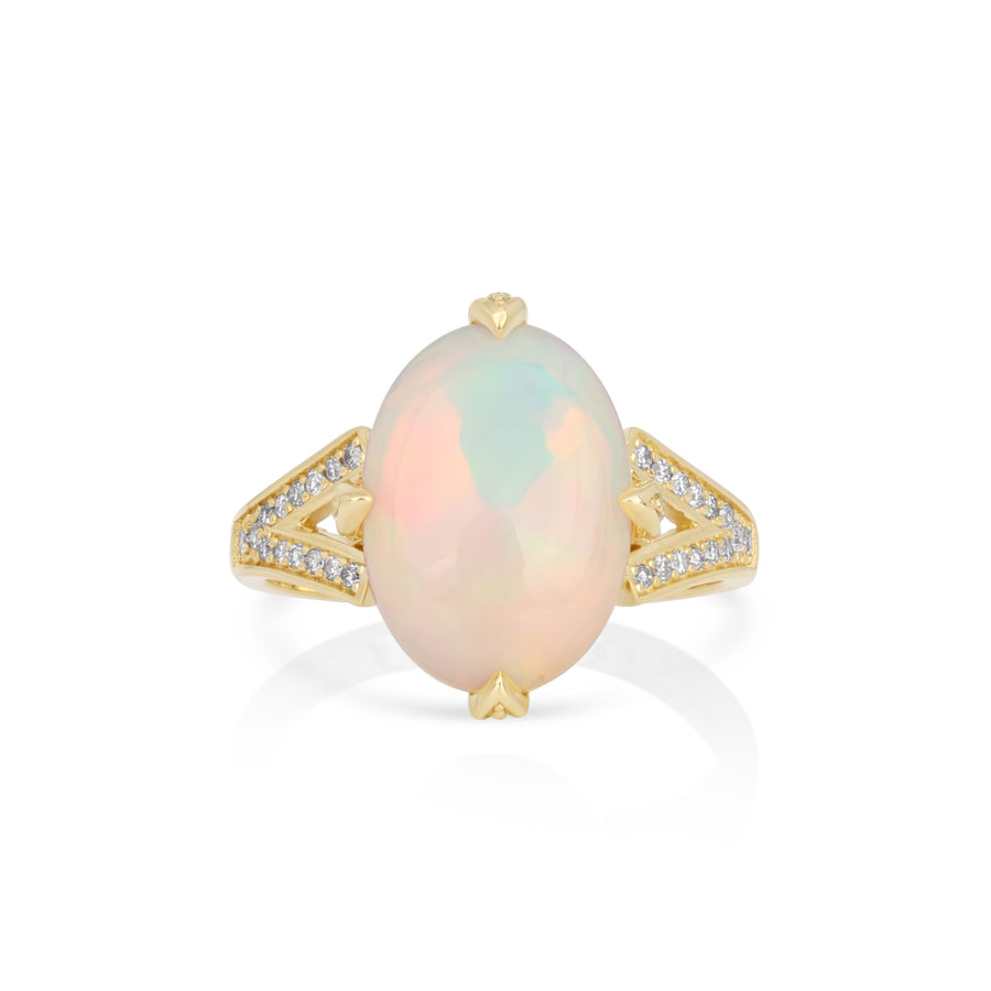3.13 Cts Opal and White Diamond Ring in 14K Yellow Gold