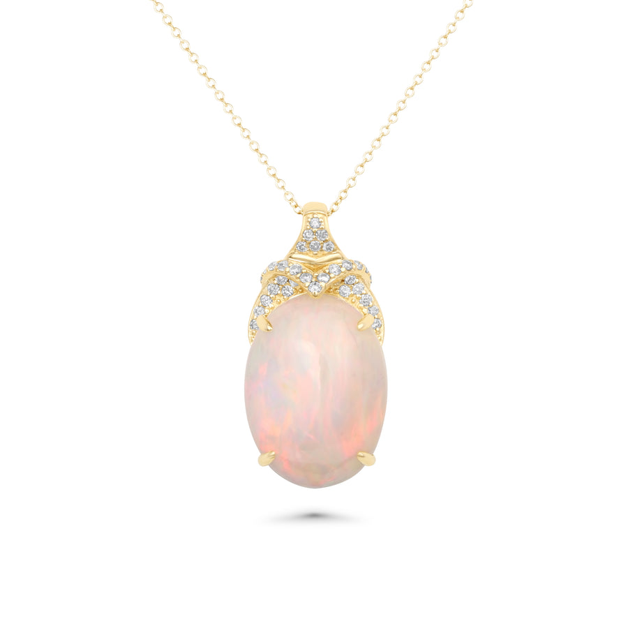 6.83 Cts White Opal and White Diamond Pendant in 14K Yellow Gold