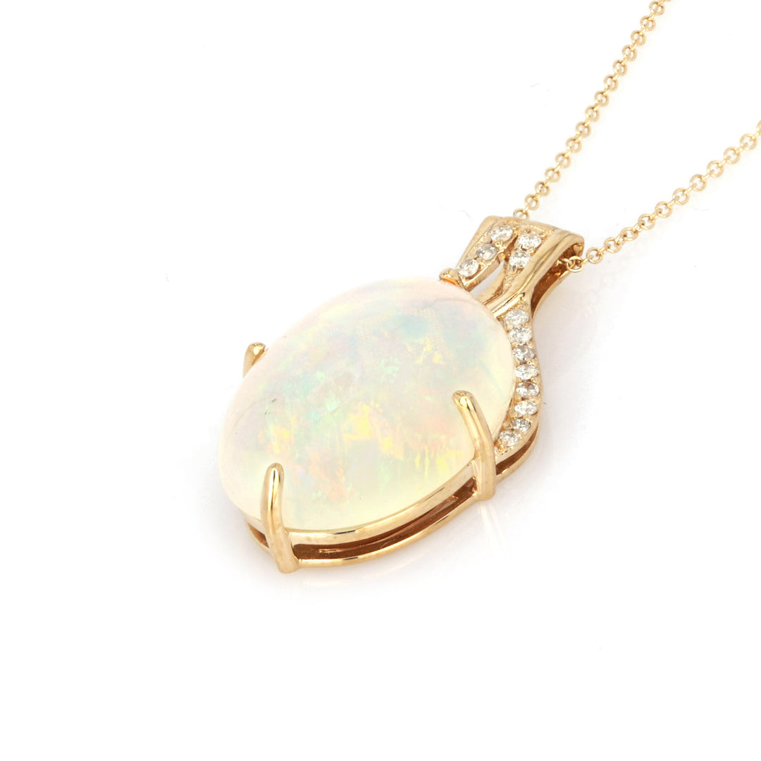 6.41 Cts White Opal and White Diamond Pendant in 14K Yellow Gold