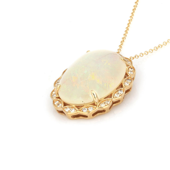 7.01 Cts White Opal and White Diamond Pendant in 14K Yellow Gold