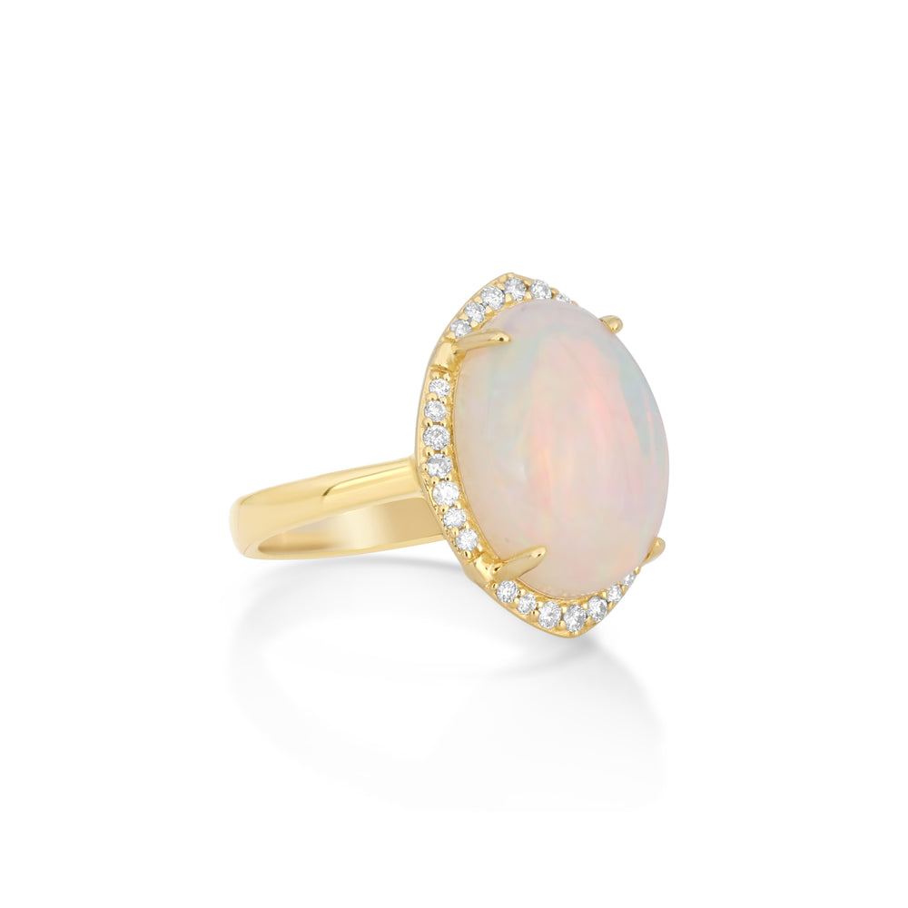 3.35 Cts Opal and White Diamond Ring in 14K Yellow Gold