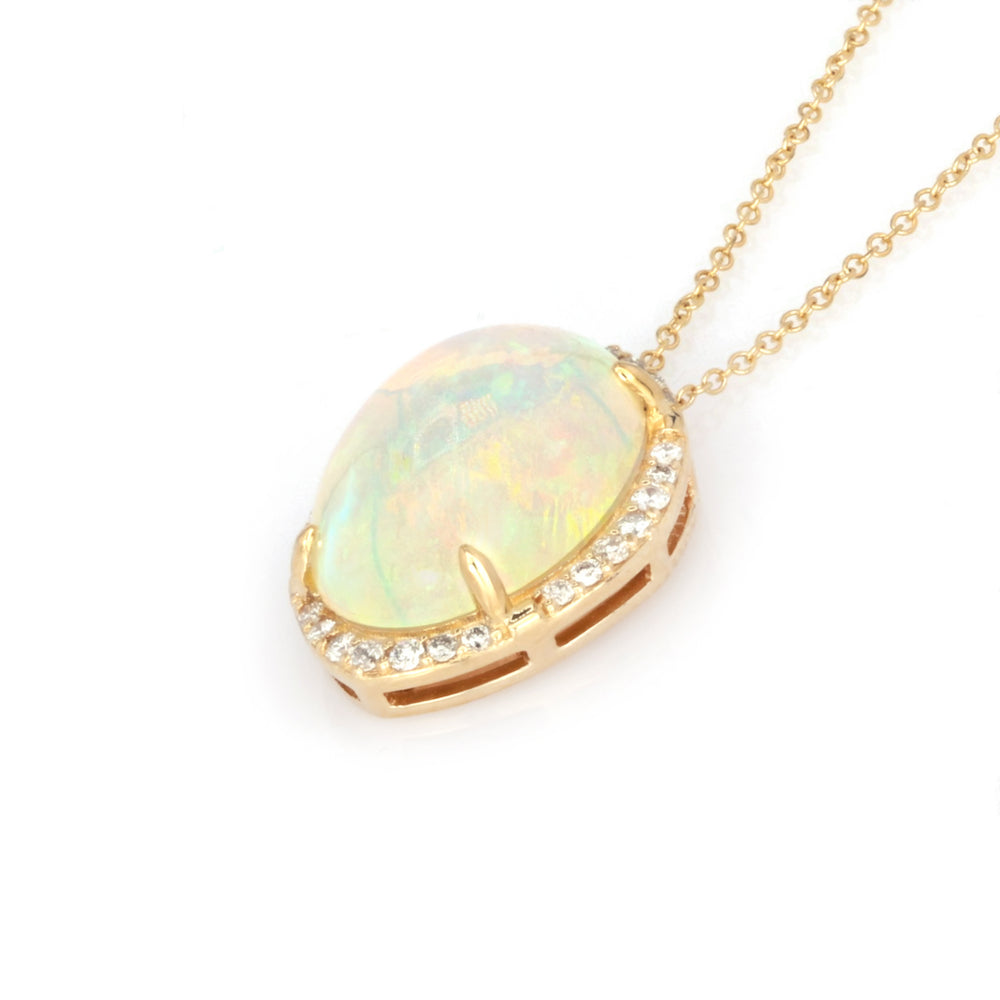 3.34 Cts White Opal and White Diamond Pendant in 14K Yellow Gold