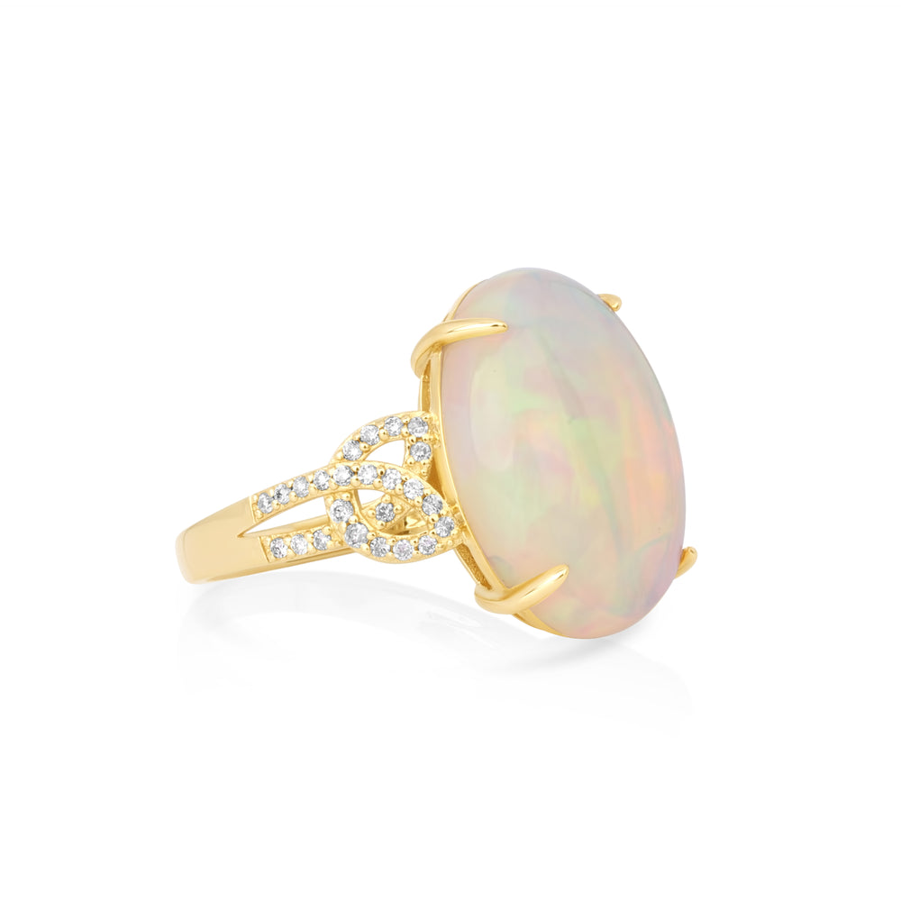 8.3 Cts Opal and White Diamond Ring in 14K Yellow Gold