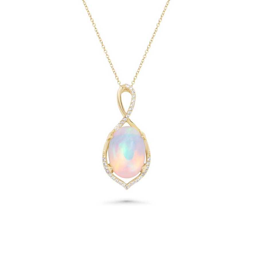3.95 Cts White Opal and White Diamond Pendant in 14K Yellow Gold