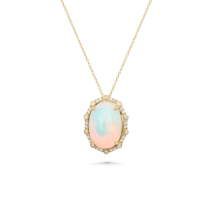 3.9 Cts White Opal and White Diamond Pendant in 14K Yellow Gold